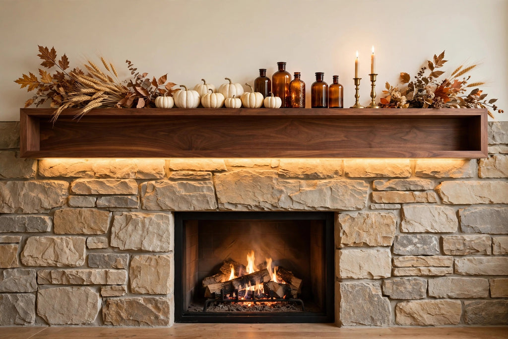 Custom lit walnut mantel — fall styling