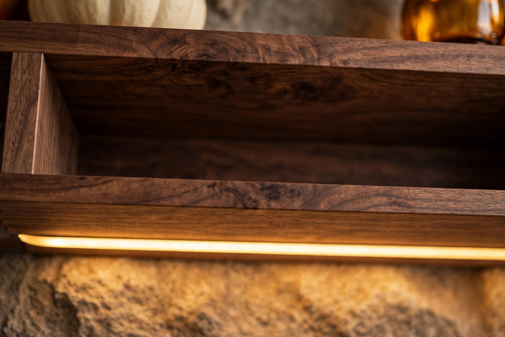 Custom lit walnut mantel — fall styling