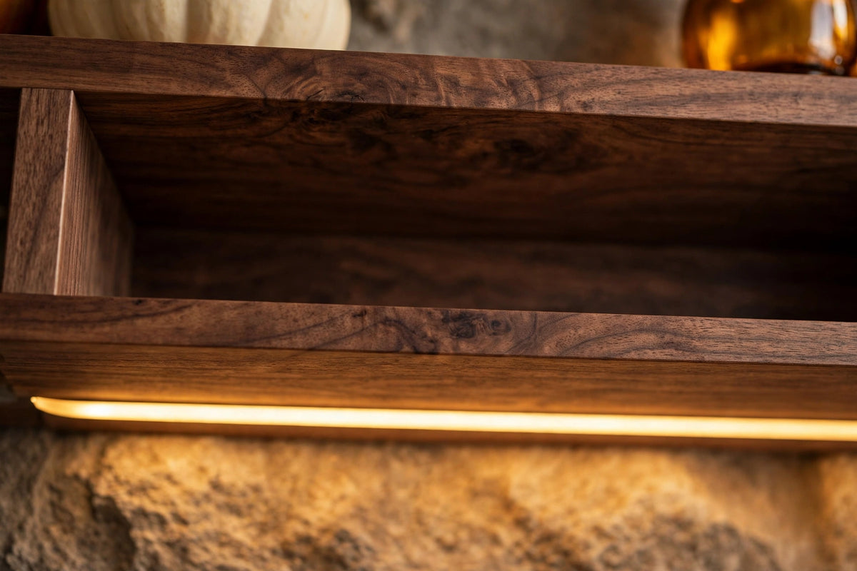 Custom lit walnut mantel — fall styling