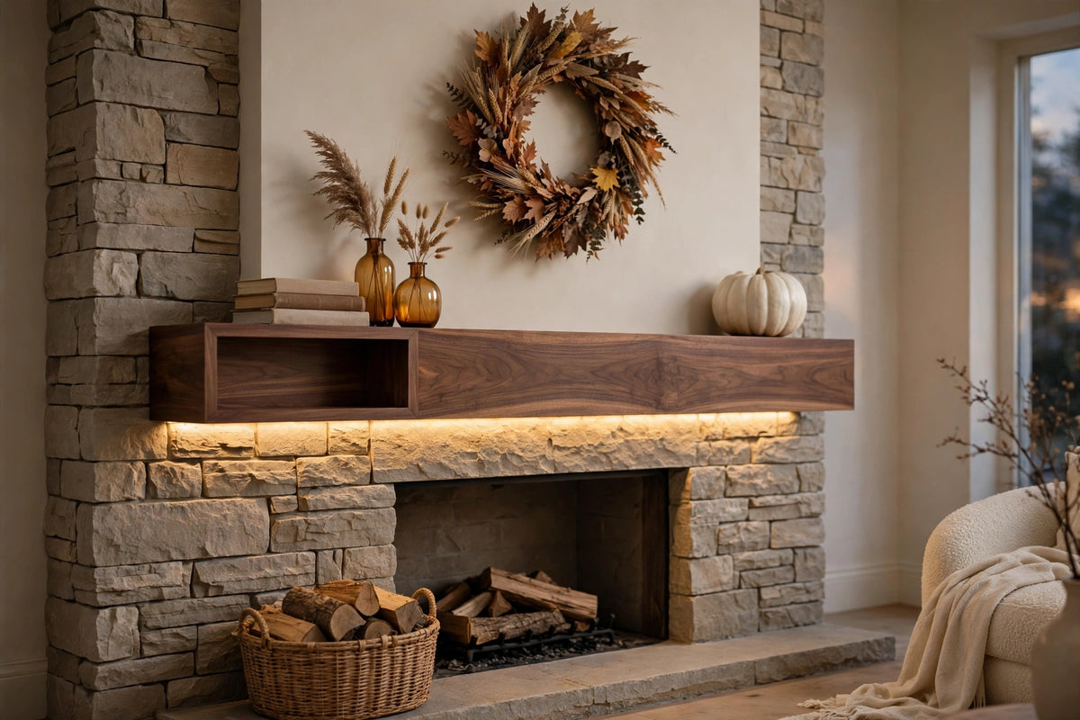 Custom lit walnut mantel — fall styling