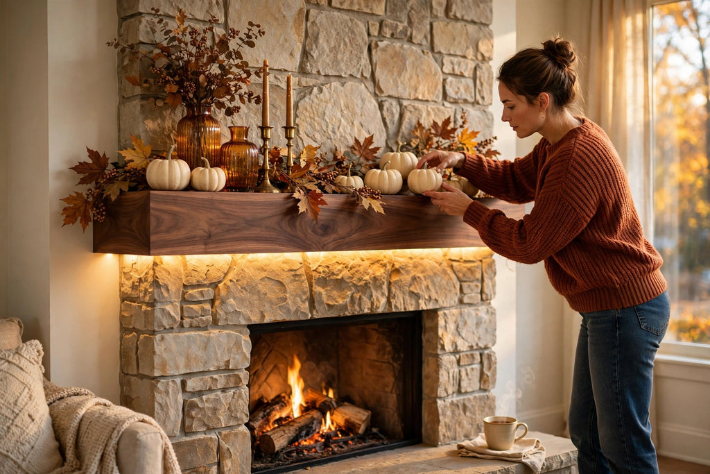 Custom lit walnut mantel — fall styling