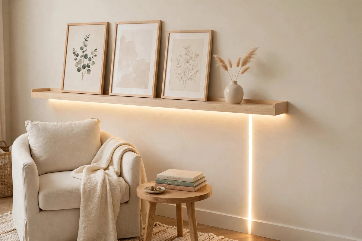 Custom lit hard maple picture ledge — open storage