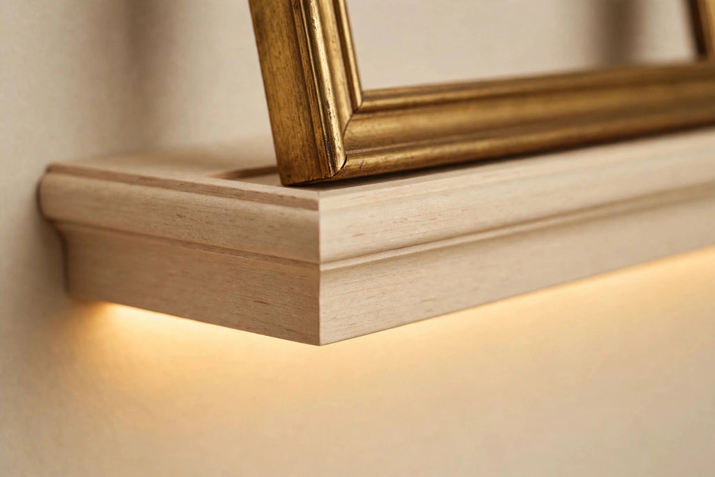 Custom lit hard maple picture ledge — open storage