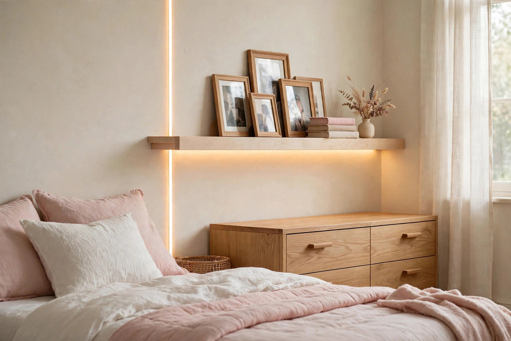 Custom lit hard maple picture ledge — open storage