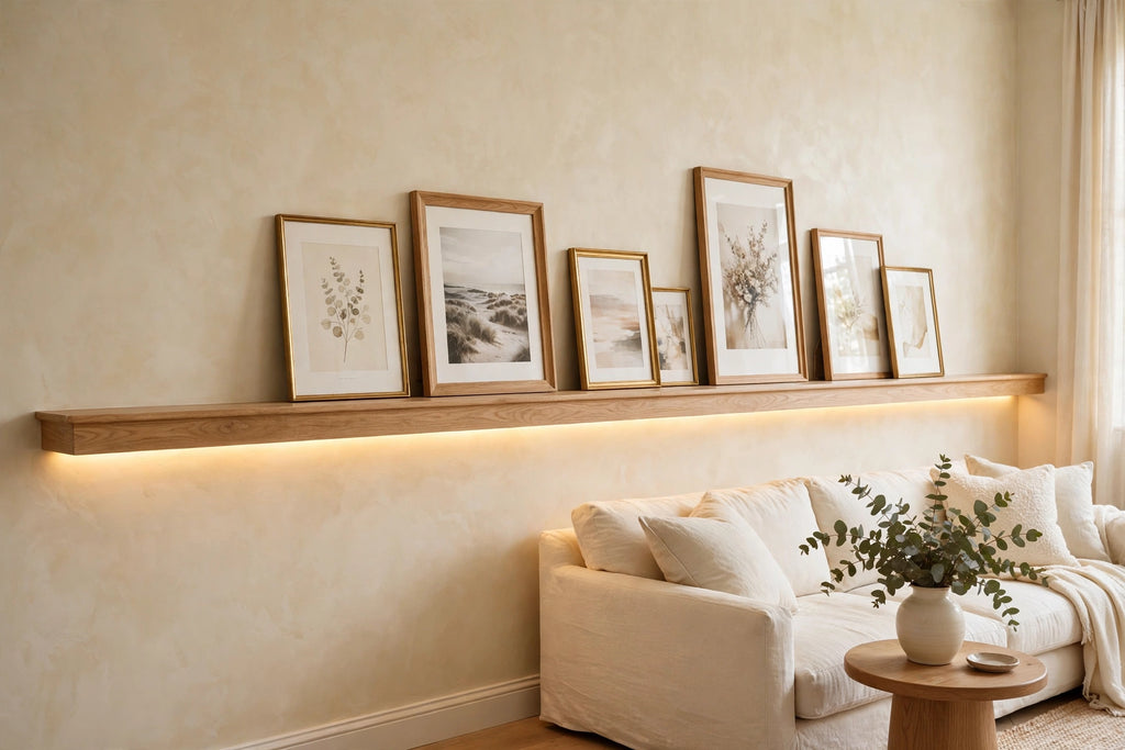 Custom lit white oak picture ledge — open storage