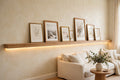 Custom lit white oak picture ledge — open storage