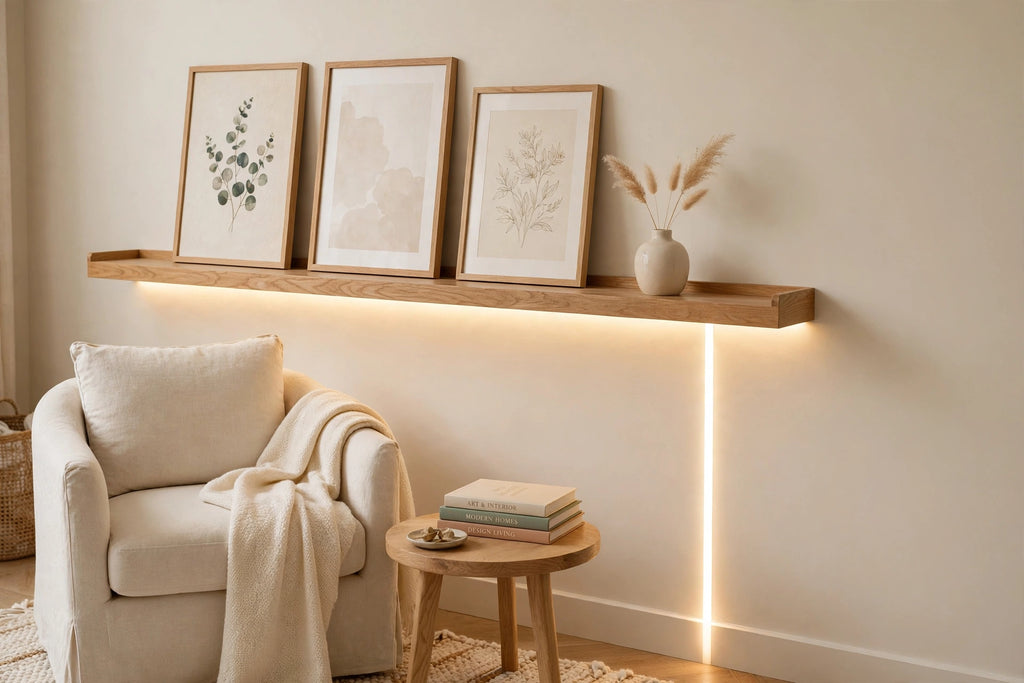 Custom lit white oak picture ledge — open storage