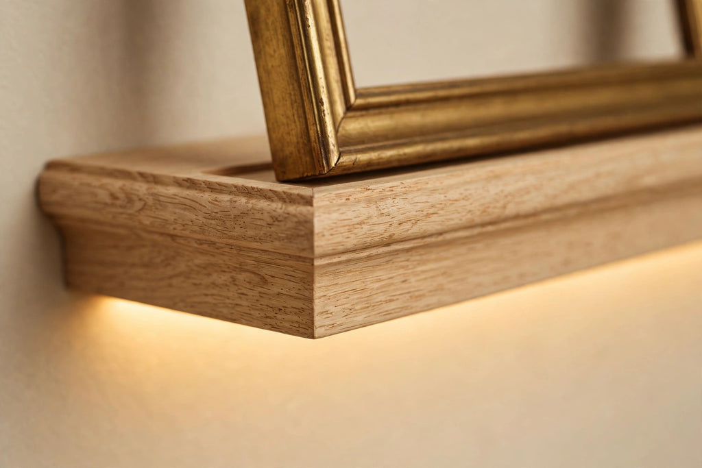 Custom lit white oak picture ledge — open storage