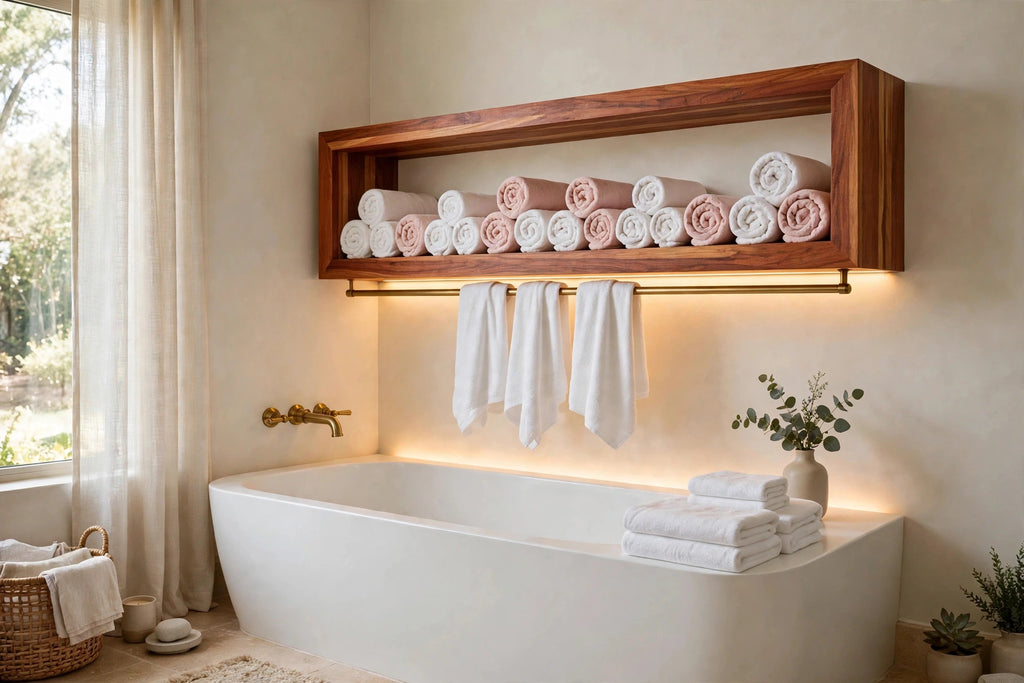 Custom lit sapele towel shelf — open storage