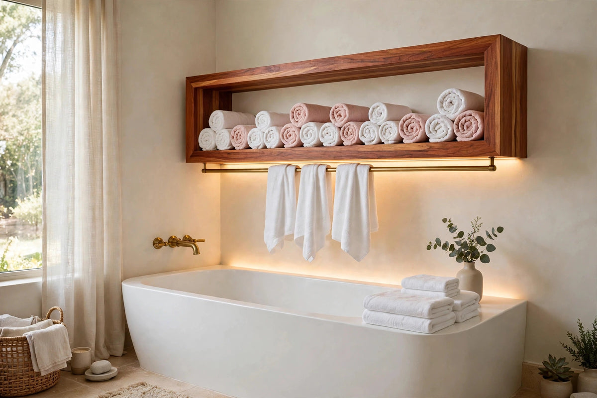 Custom lit sapele towel shelf — open storage