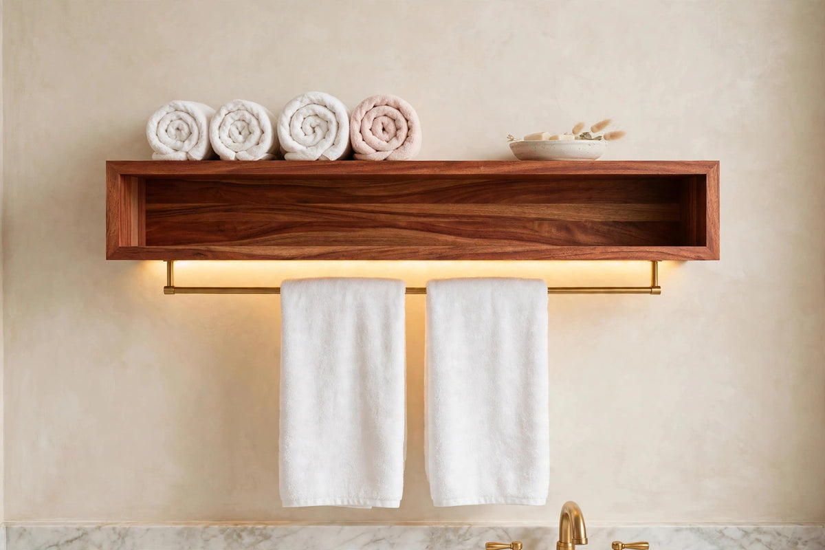 Custom lit sapele towel shelf — open storage