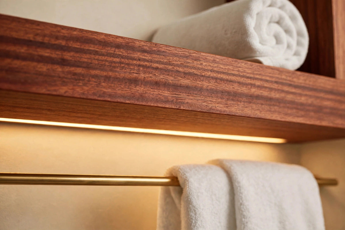 Custom lit sapele towel shelf — open storage