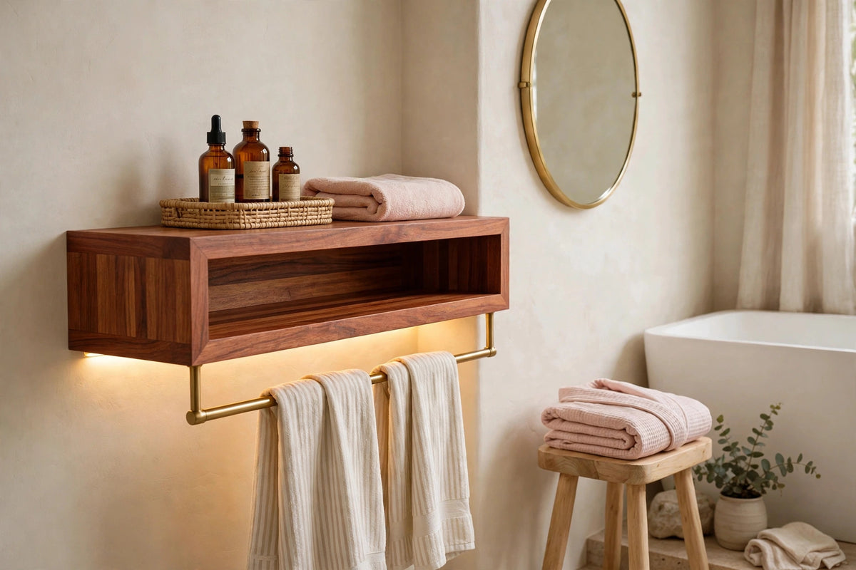 Custom lit sapele towel shelf — open storage