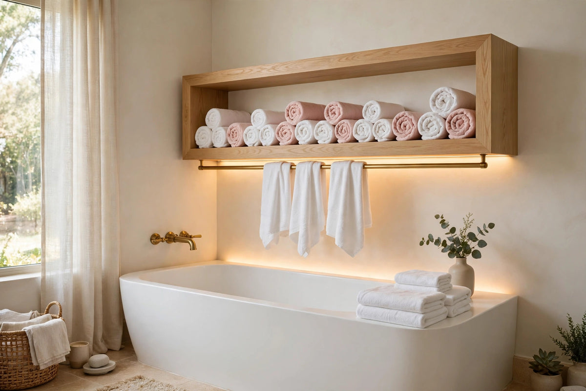 Custom lit white oak towel shelf — open storage
