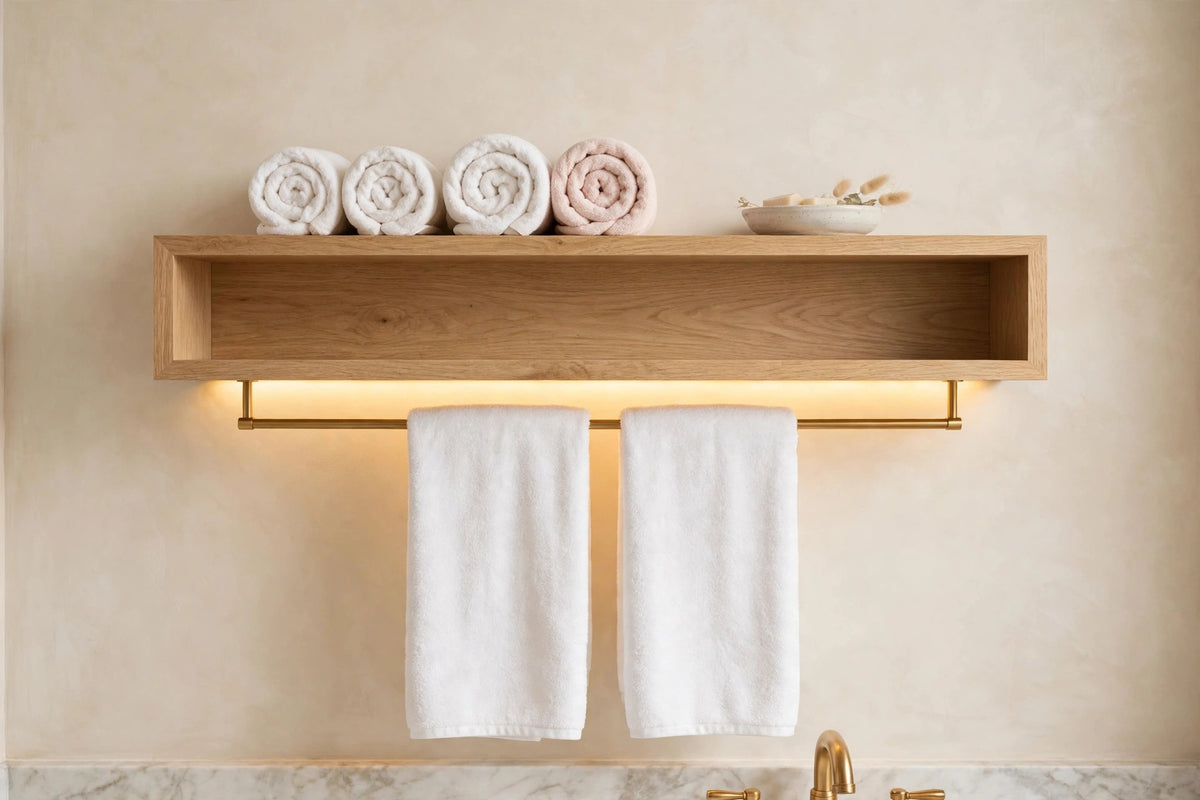 Custom lit white oak towel shelf — open storage