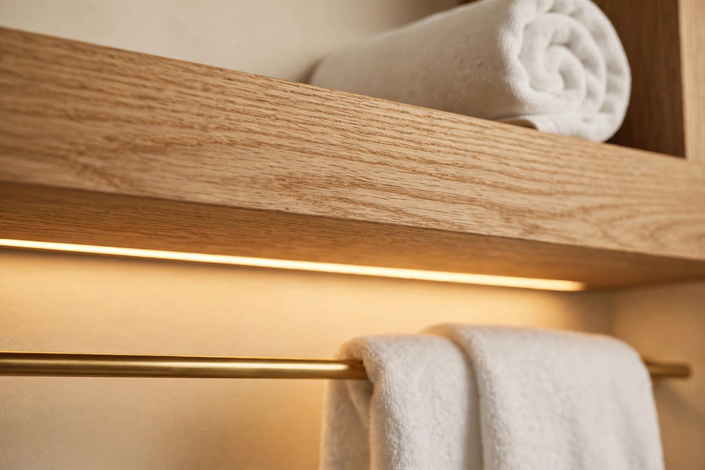 Custom lit white oak towel shelf — open storage