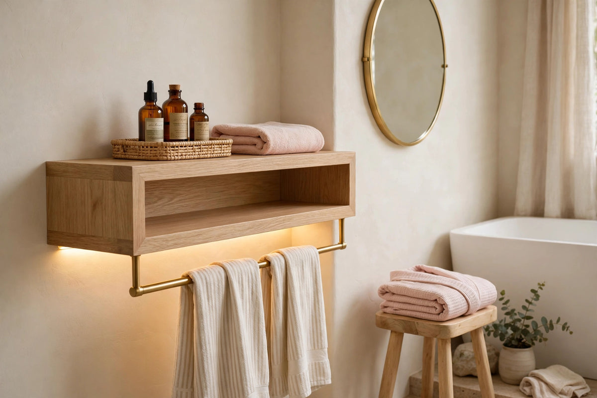 Custom lit white oak towel shelf — open storage