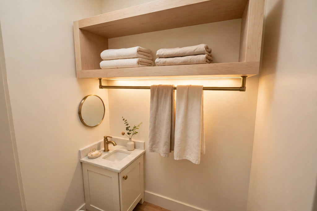 Custom lit hard maple towel shelf — open storage