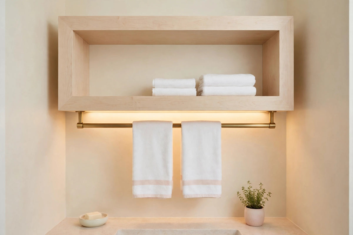 Custom lit hard maple towel shelf — open storage