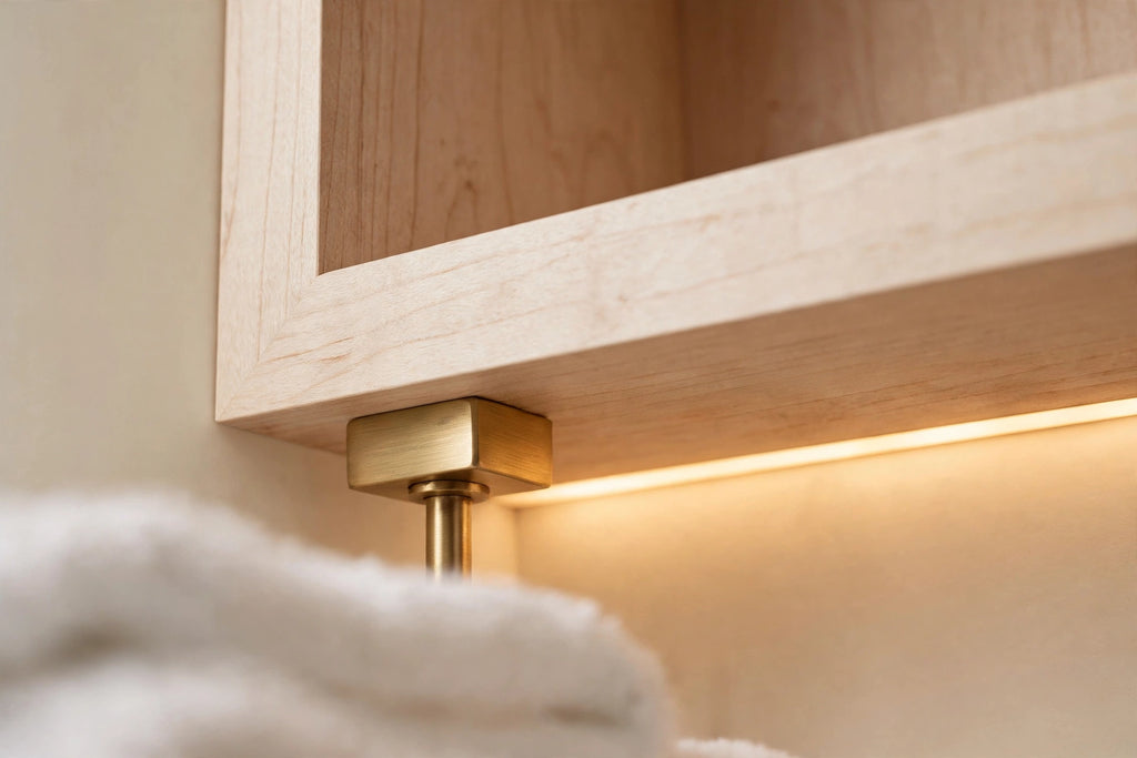 Custom lit hard maple towel shelf — open storage
