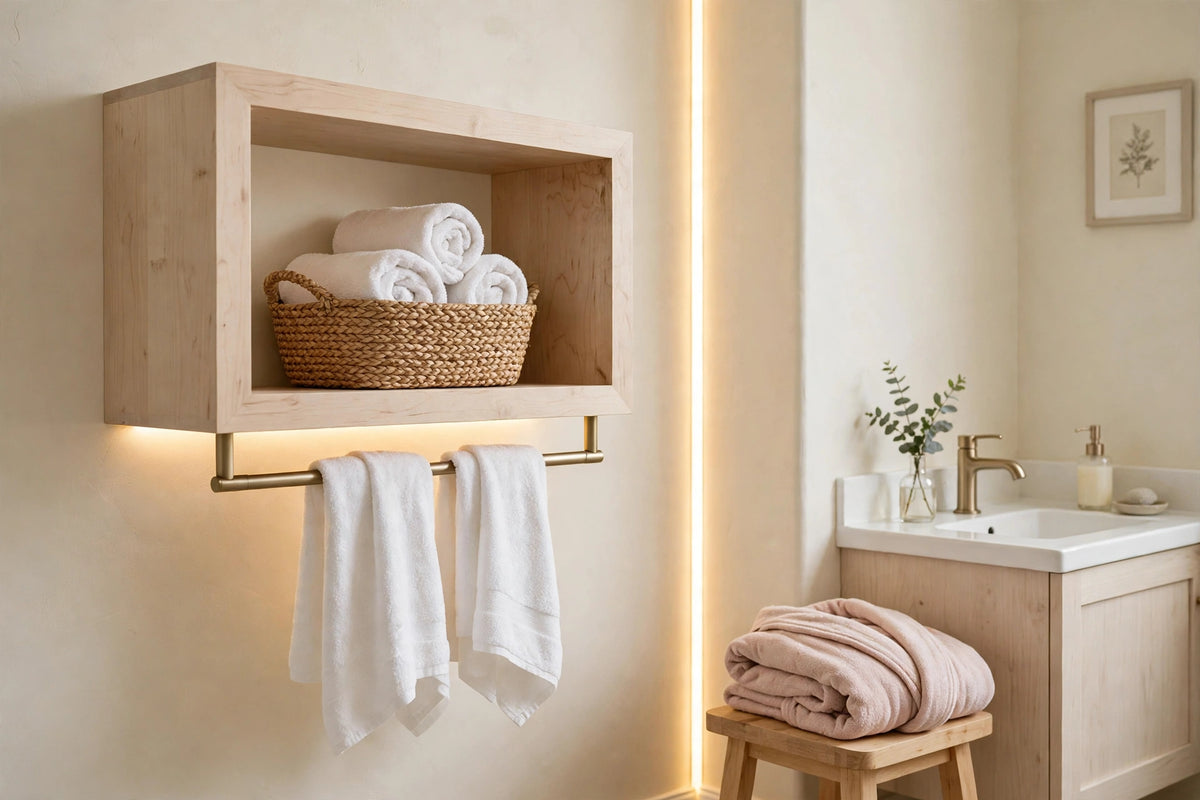 Custom lit hard maple towel shelf — open storage