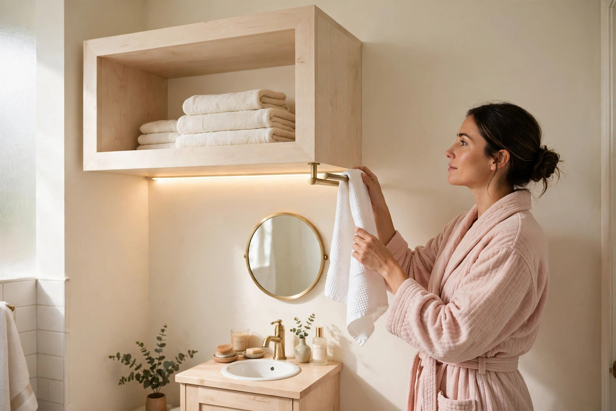 Custom lit hard maple towel shelf — open storage