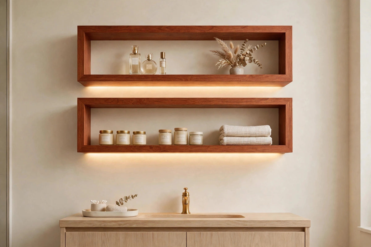 Custom lit cherry two-tier shelf — open storage