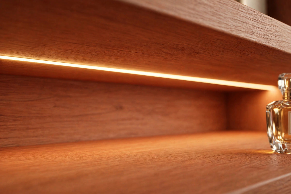 Custom lit cherry two-tier shelf — open storage
