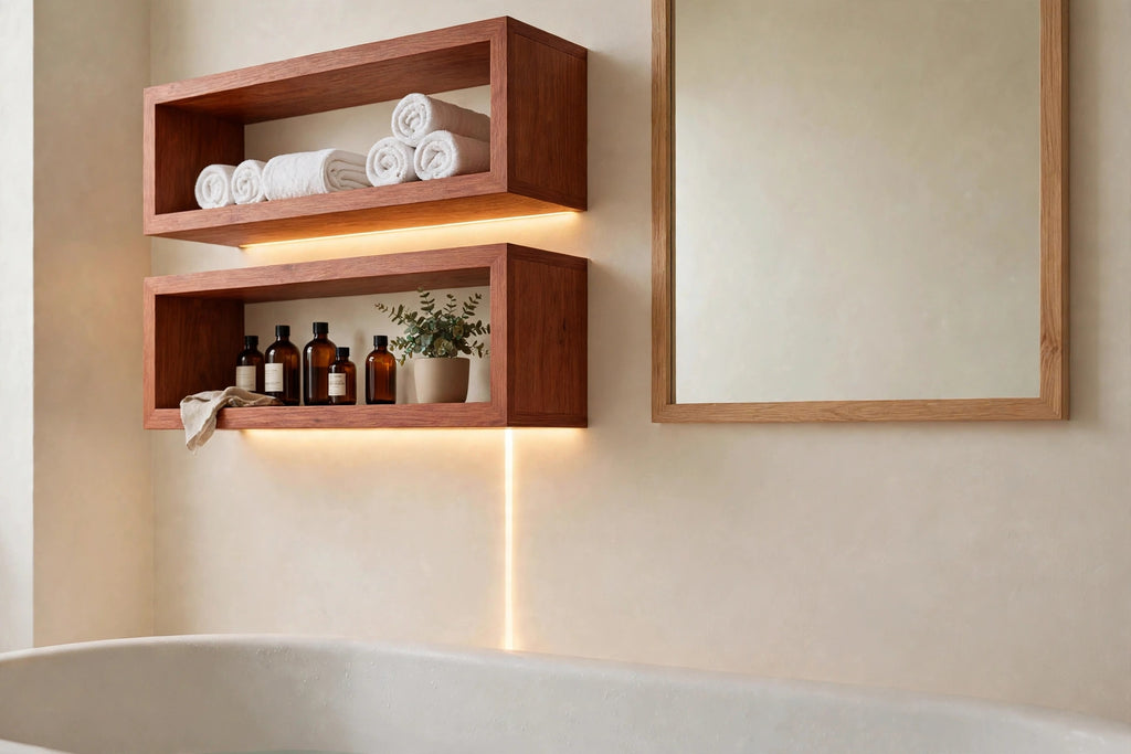 Custom lit cherry two-tier shelf — open storage