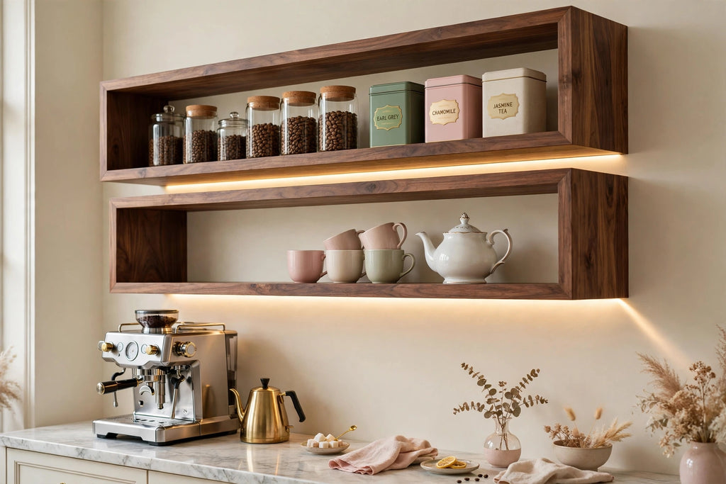 Custom lit walnut two-tier shelf — open storage