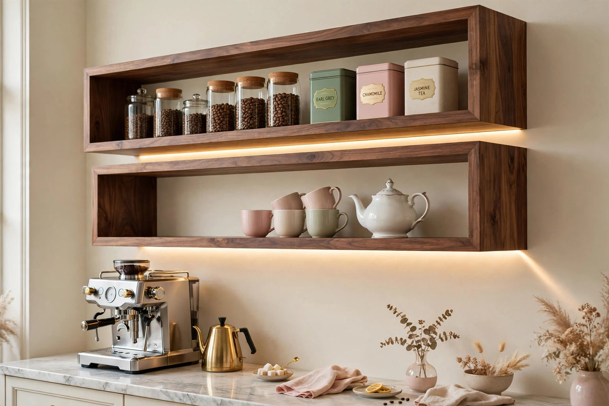Custom lit walnut two-tier shelf — open storage