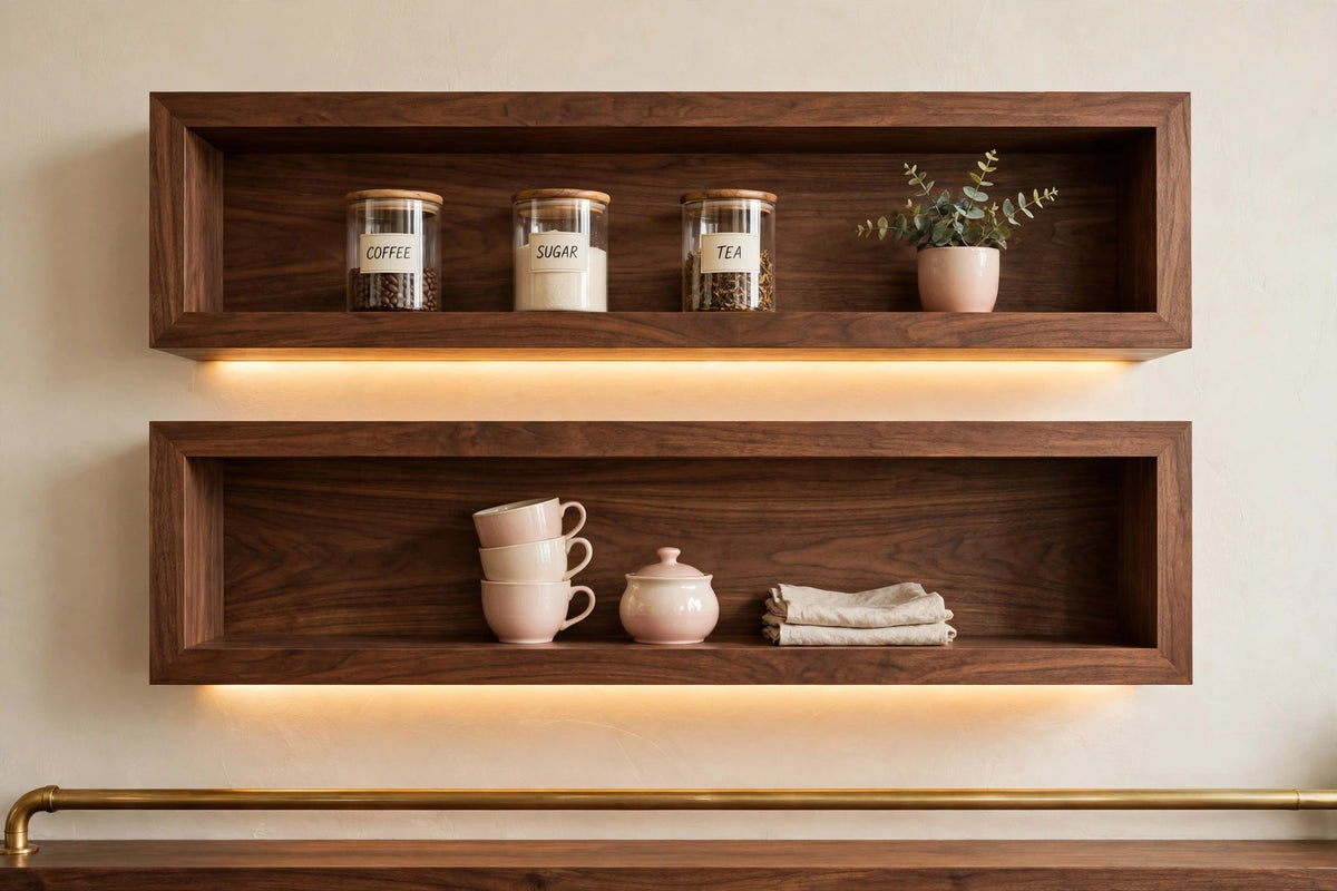 Custom lit walnut two-tier shelf — open storage
