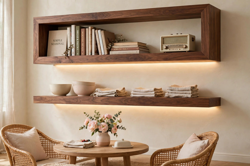 Custom lit walnut two-tier shelf — open storage