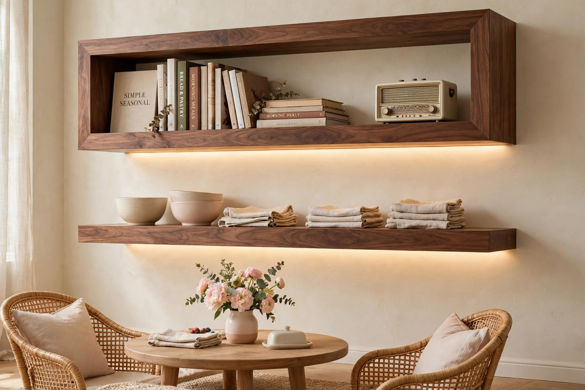 Custom lit walnut two-tier shelf — open storage