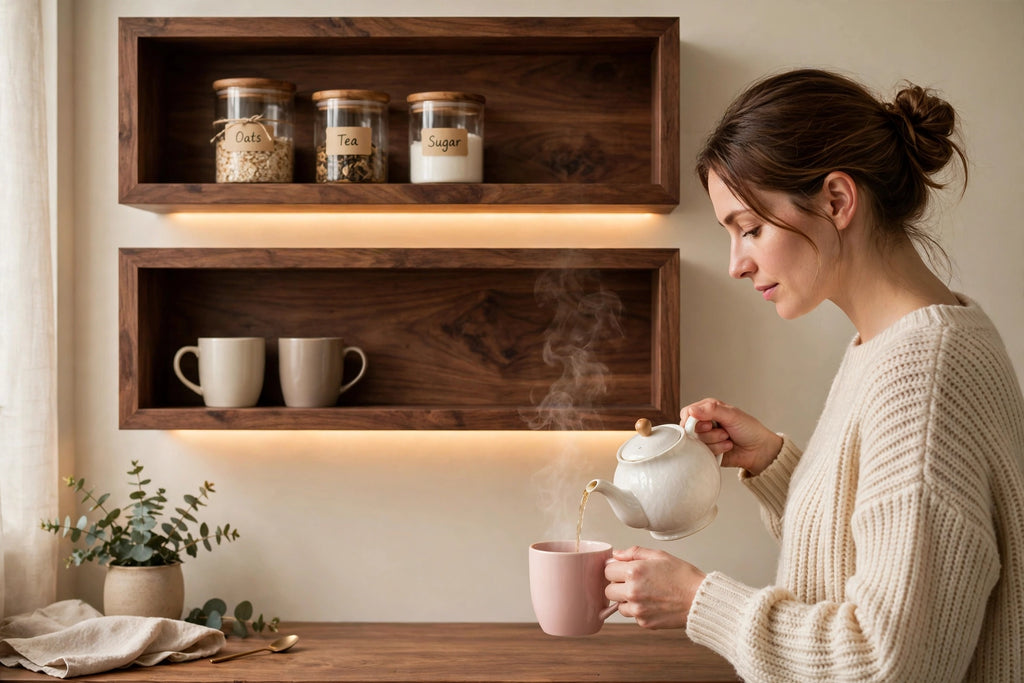 Custom lit walnut two-tier shelf — open storage