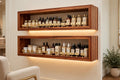 Custom lit sapele two-tier shelf — open storage