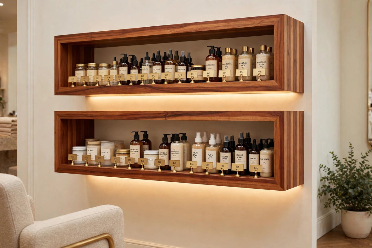 Custom lit sapele two-tier shelf — open storage