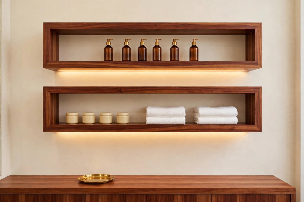 Custom lit sapele two-tier shelf — open storage