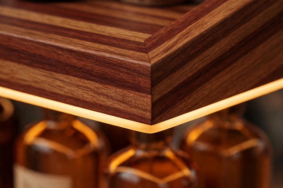 Custom lit sapele two-tier shelf — open storage