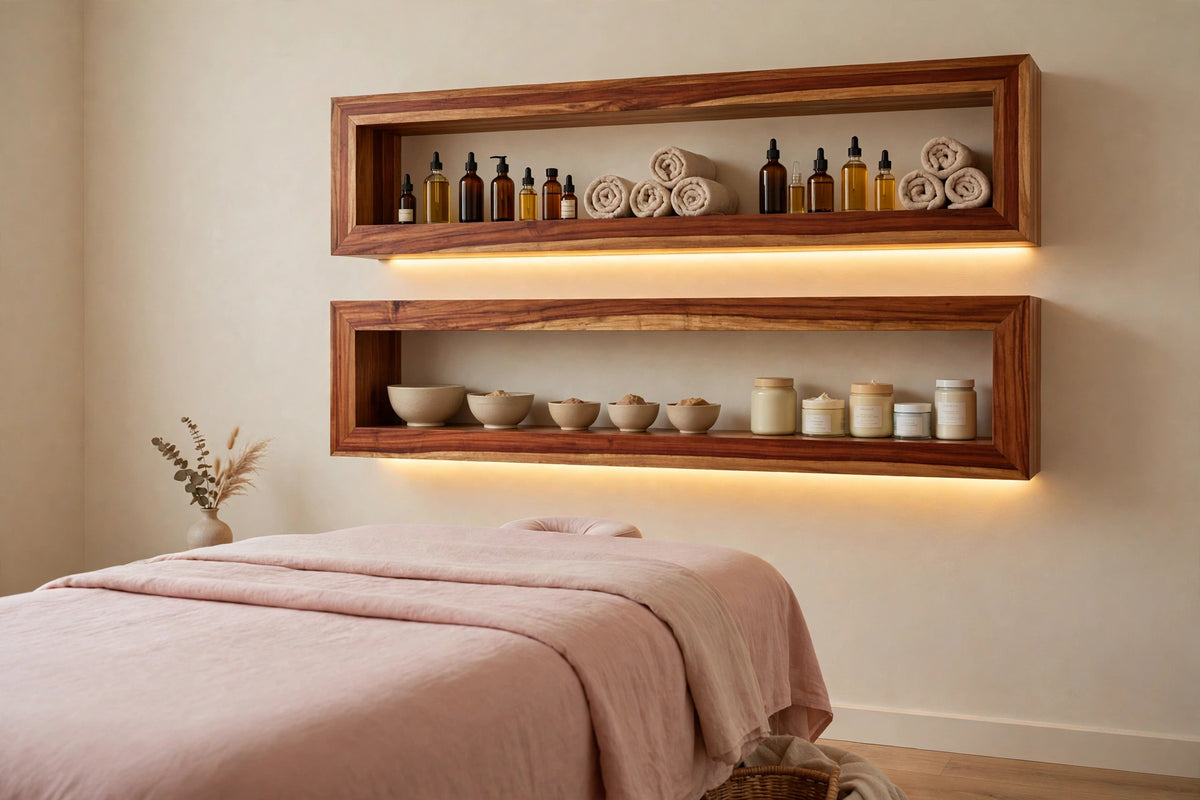 Custom lit sapele two-tier shelf — open storage