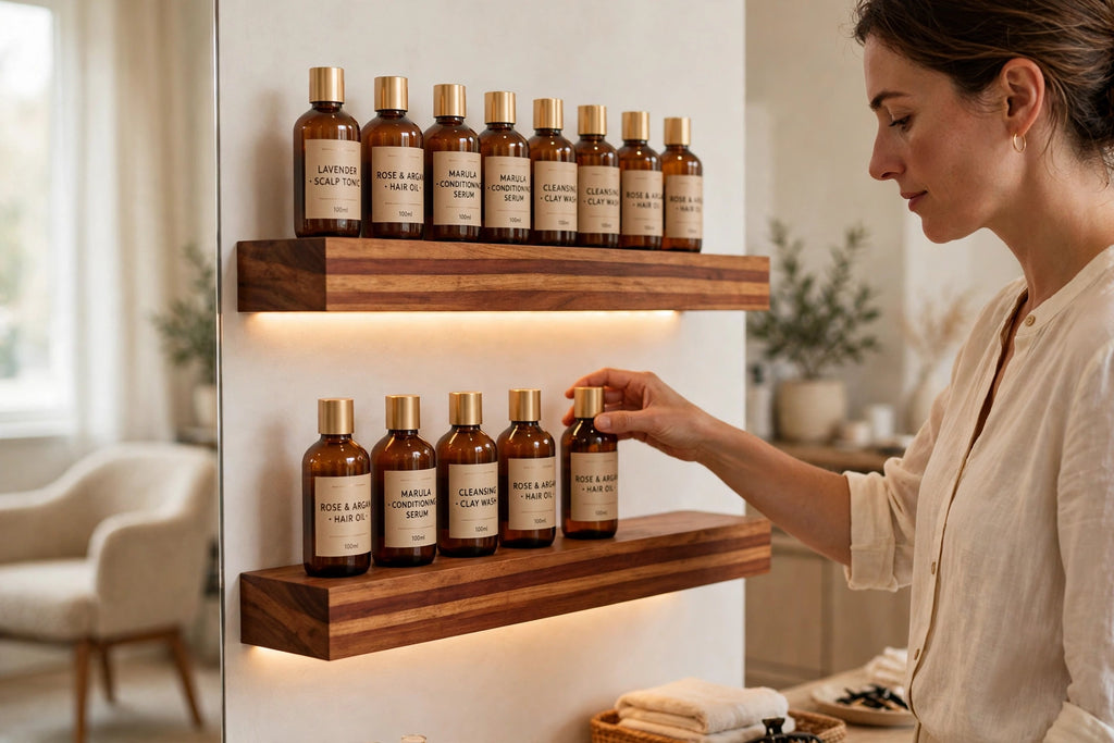 Custom lit sapele two-tier shelf — open storage