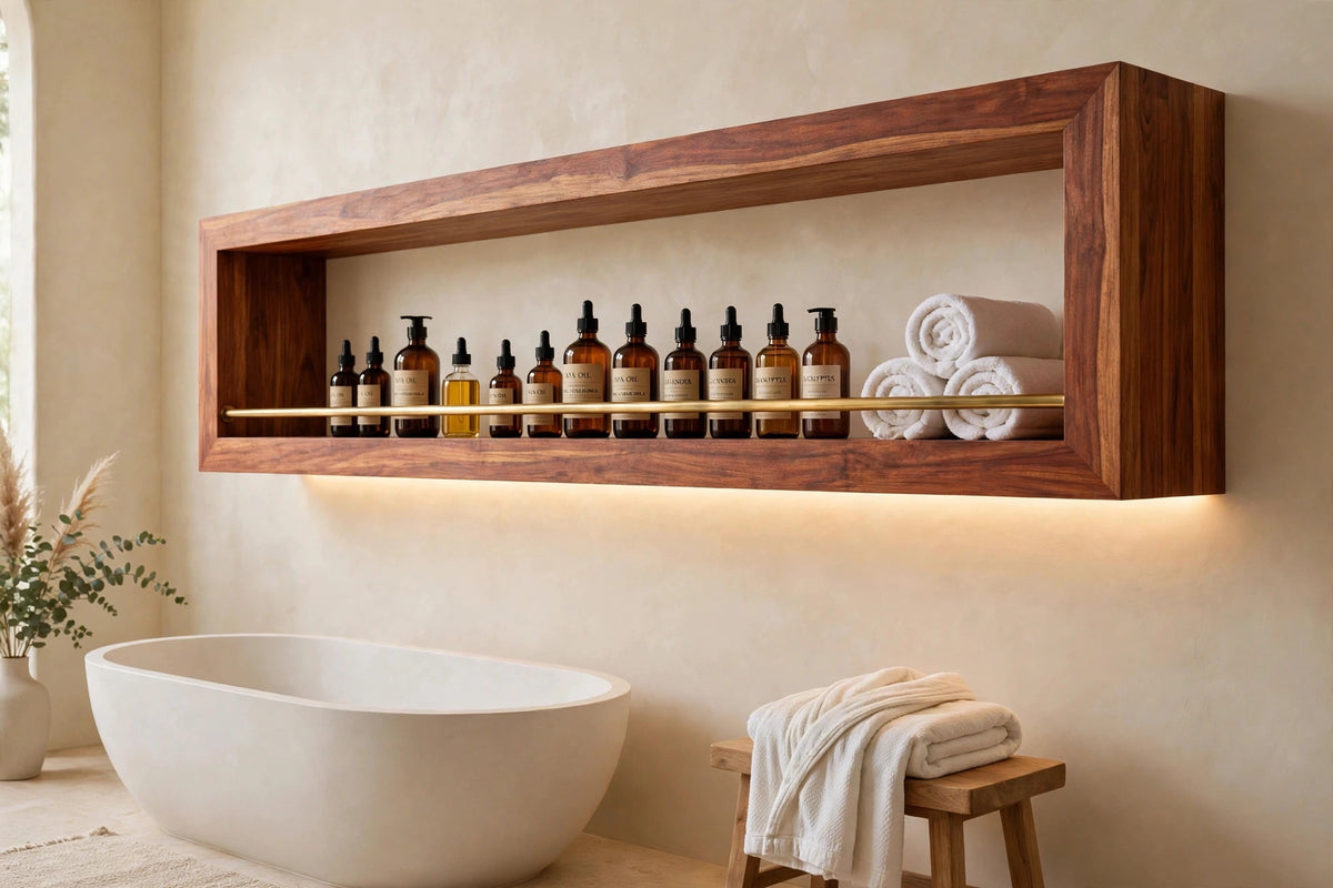 Custom lit sapele shelf with brass rail — open storage