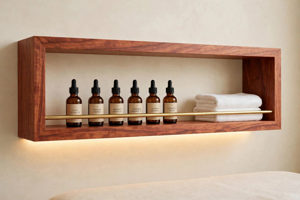 Custom lit sapele shelf with brass rail — open storage