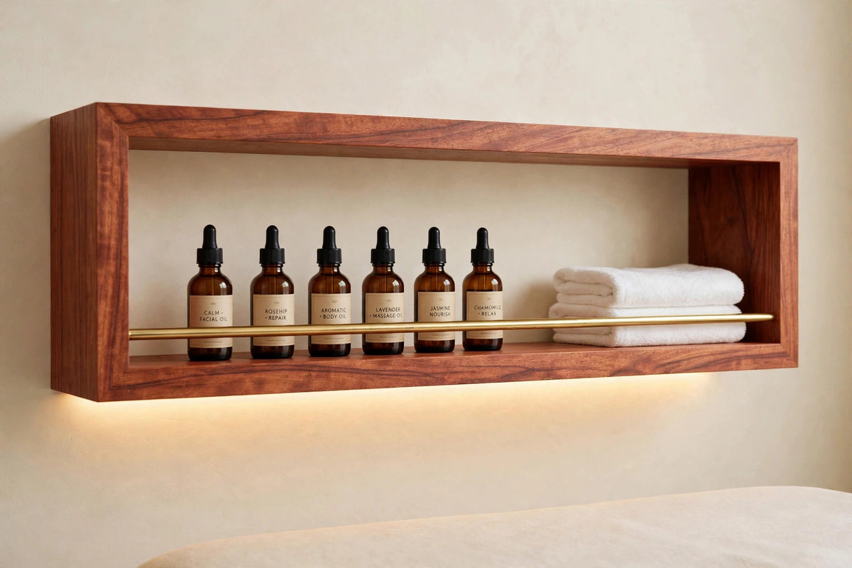 Custom lit sapele shelf with brass rail — open storage