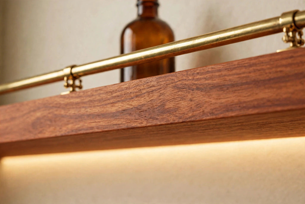 Custom lit sapele shelf with brass rail — open storage