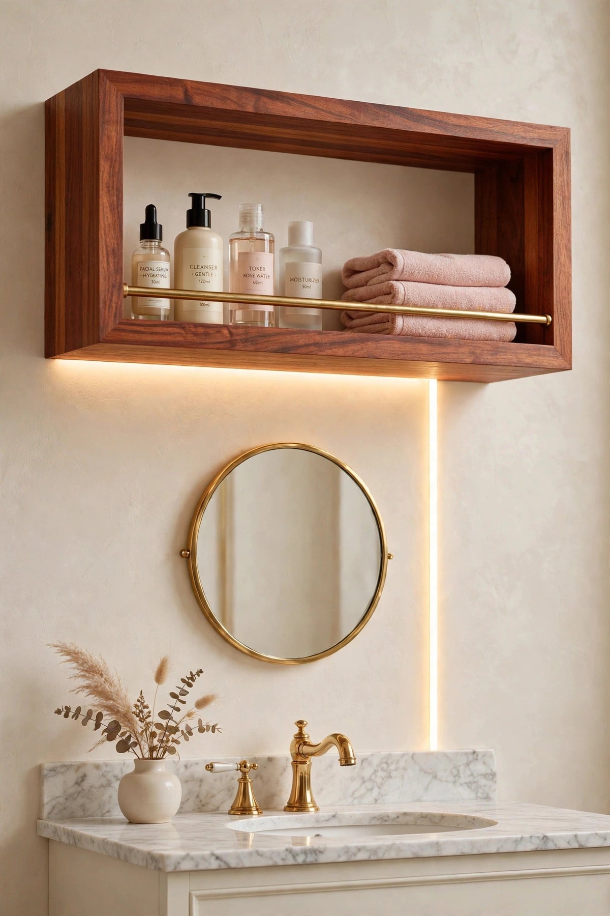 Custom lit sapele shelf with brass rail — open storage