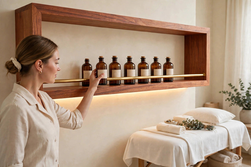Custom lit sapele shelf with brass rail — open storage