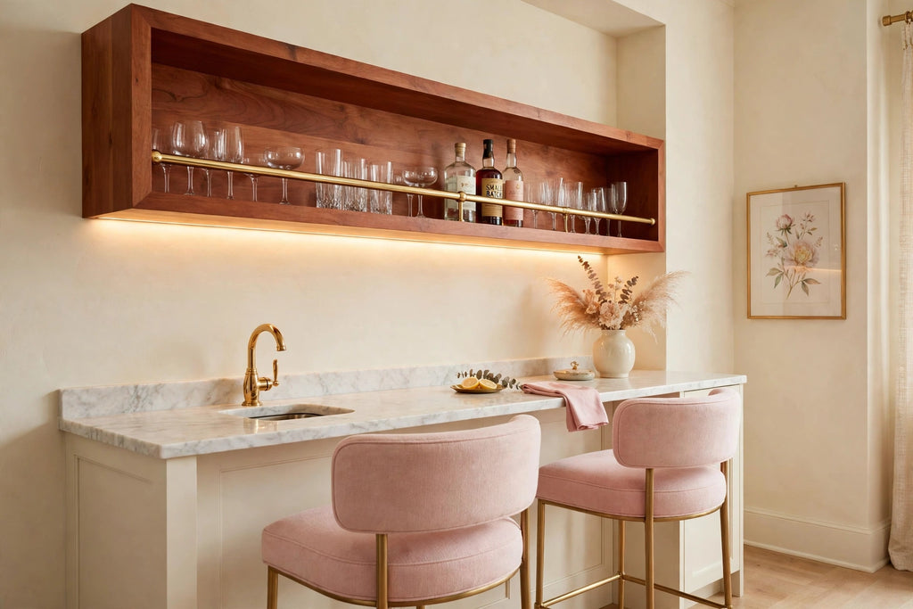 Custom lit cherry shelf with brass rail — open storage