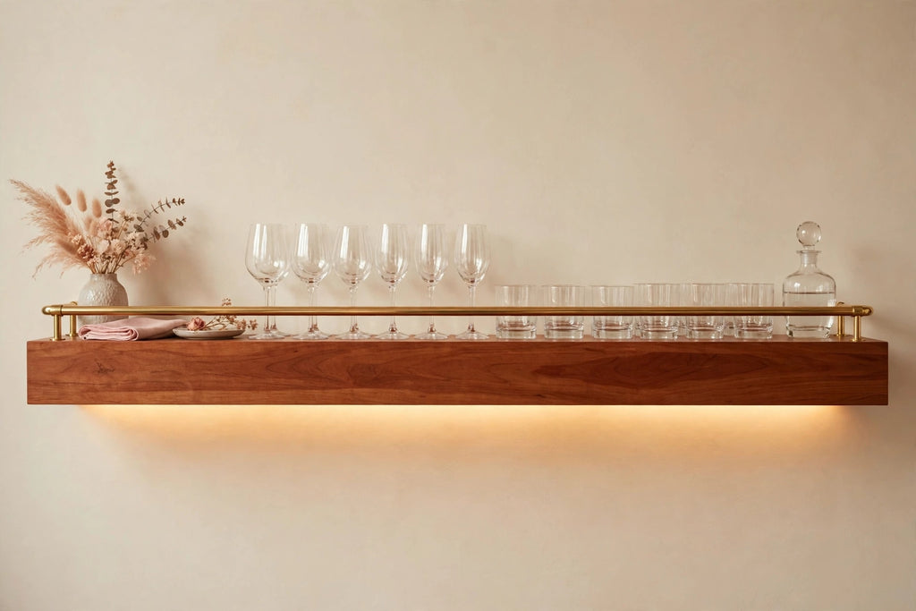 Custom lit cherry shelf with brass rail — open storage