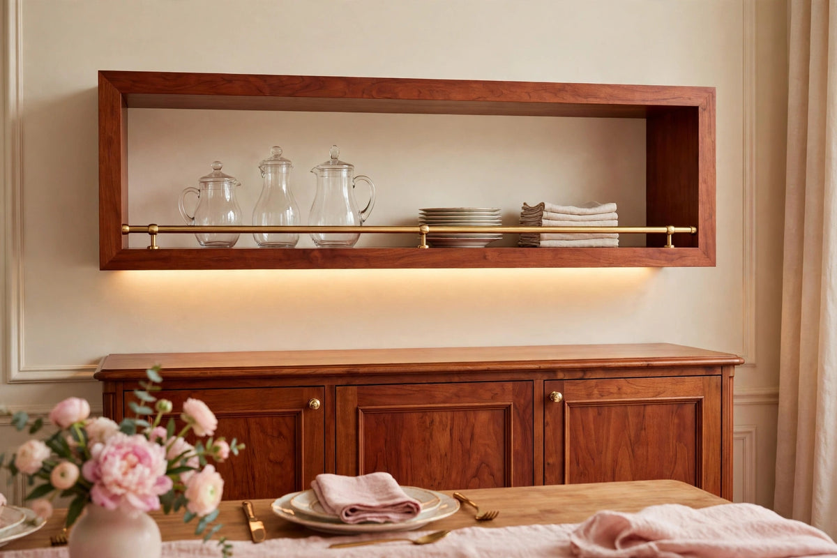 Custom lit cherry shelf with brass rail — open storage